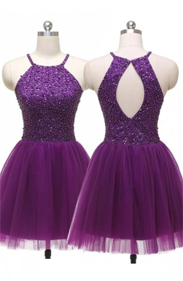 Purple Open Back Short Beaded Pretty A-line Homecoming Dress K383