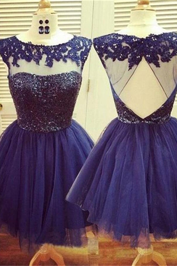 Blue Short A-line Open Back Lace Beaded Homecoming Dress K410