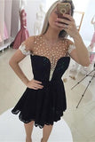 Black Short Sleeves A-line Beaded Elegant Homecoming Dress K428