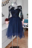 Navy Blue Long Sleeves Lace A-line Simple Homecoming Dresses K432