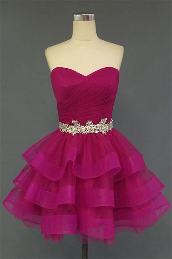 Red Cute Short Strapless Beaded Tulle A-line Homecoming Dresses K433