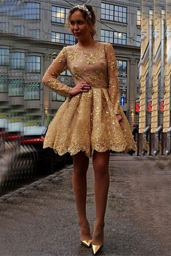 Long Sleeves Gold Lace Gorgeous  A-line Short Homecoming Dress K443