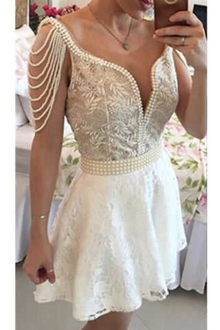 White Lace Beading V-neck Open Back Formal Short Homecoming Dress K445