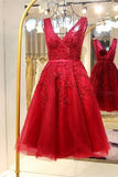 Amazing Light Red Lace Beaded V-neck Homecoming Dress K451