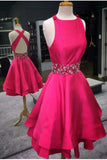 Open Back Pretty Red A-line Beaded O-neck Homecoming Dress Short Prom Dress K455