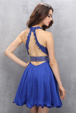 Royal Blue Halter Beading Backless V-neck Homecoming Dress K585