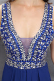 Chiffon Beading Royal Blue V-neck Long Elegant Prom Dress K619