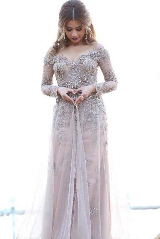 Chic Prom Dresses,Tulle Prom Gown,Lace Appliques Prom Dress,Off-the-shoulder Prom Dress