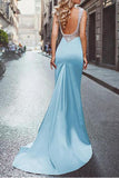 Amazing Beading Satin Scoop Mermaid Blue Long Prom Dresses OK696