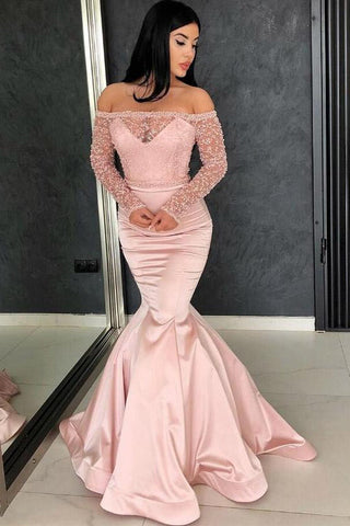 Off the Shoulder Long Sleeves Mermaid Lace Top Pink Long Prom Dress OKG37
