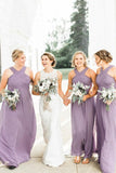 A-line Floor-Length Lilac Chiffon Pleated Cheap Bridesmaid Dress OKS44