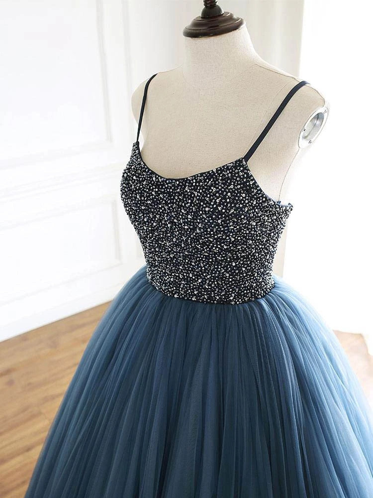 Ball Gown Blue Tulle Spaghetti Straps Prom Dress Evening Dress With Beading OKU4