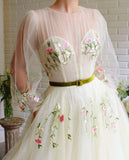 A-line Long Sleeves Tulle Long Prom Dress With Embroidery OKT99