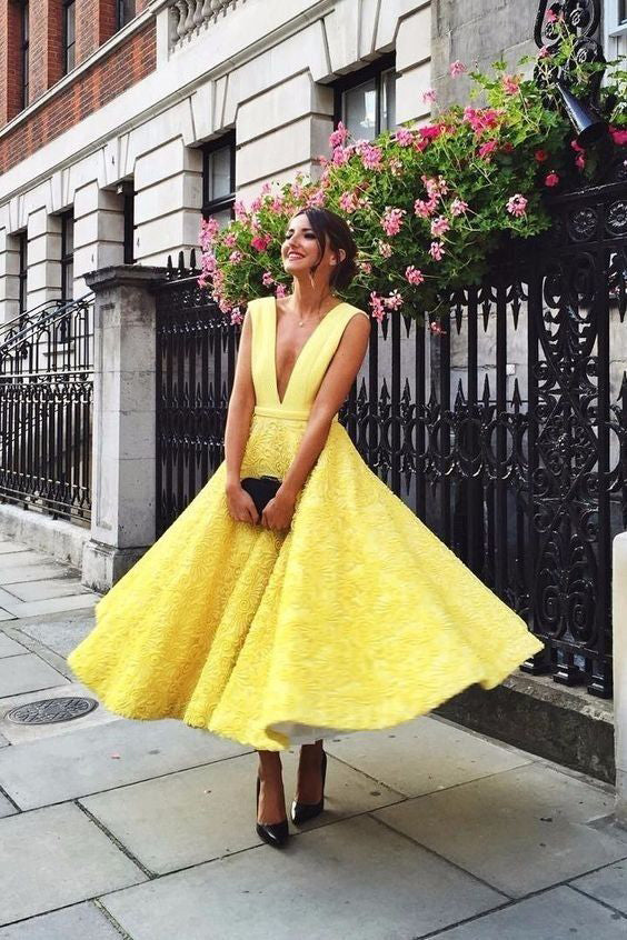 Yellow Prom Dresses,Lace Prom Gown,Deep V Prom Dress,Homecoming Dresses
