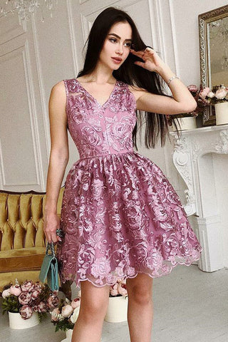 Unique A-Line V-Neck Short Purple Lace Homecoming Dress,Graduation Dress OKB01