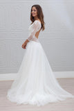 Simple 3/4 Sleeves Open Back V neck Charming Tulle Wedding Dresses OK797