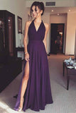 Elegant Prom Dresses,V Neck Prom Gown,Purple Prom Dress,Chiffon Prom Dress,Prom Dress with Slit