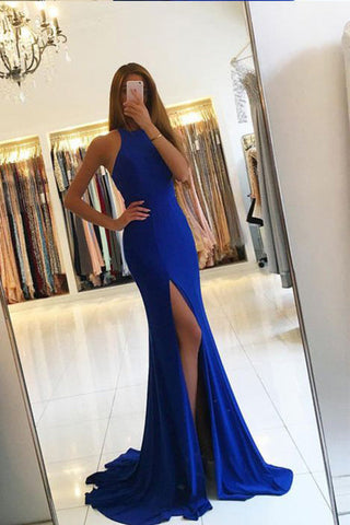 Royal Blue Prom Dress,Mermaid Prom Dress,Front Slit Prom Dresses,,Sleeveless Evening Dresses,Long Formal Dress