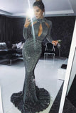 Fashion Long Sleeves Sequin Mermaid Shinning Sweep Train Cheap Prom Dress OKE51