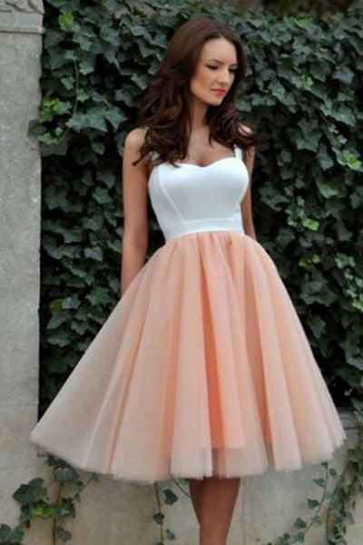 Lovely Prom Dress,Spaghetti Straps Prom Dress,Short Homecoming Dress,White Top Prom Dresses,Tulle Prom Gown,Blush Pink Prom Dress