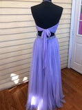 Two Piece Halter Backless Tulle Lavender Prom Dresses with Lace Beading OKI75