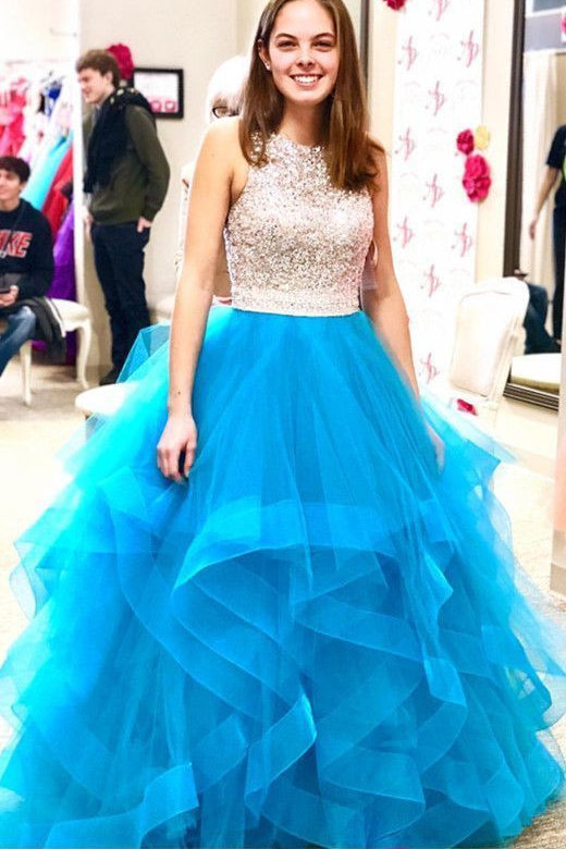 Beading Organza Ruffles Ice Blue Ball Gown Prom Dress OKE57