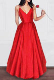 Charming A Line V Neck Satin Spaghetti Straps Long Prom Dresses,Girls Graduation Dresses OKB29