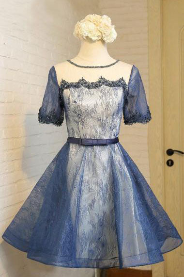Vintage Homecoming Dress,A line Homecoming Dress,Crew Prom Dresses,Short Prom Dress,Short Sleeves Homecoming Dress,Navy Blue Homecoming Dress