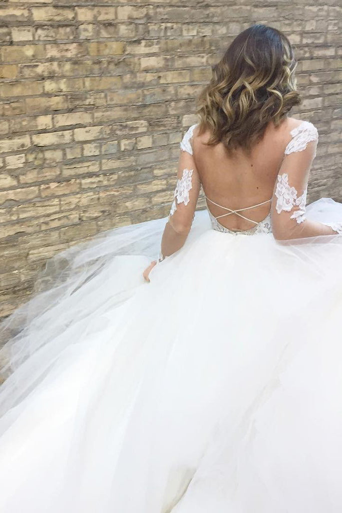 Romantic Ball Gown Long Sleeves Appliques Ivory Tulle Wedding Dresses Bridal Gown OK888