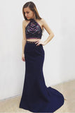 Sexy Prom Dresses,Two Piece Prom Dress,Mermaid Prom Dresses,Halter Prom Dresses,Navy Blue Prom Dresses,Long Prom Gown,Beading Evening Dresses