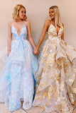Chic A-line Spaghetti Straps Lace Appliques Long Prom Dress Evening Dress OKT31
