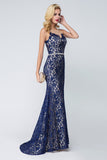 Elegant Mermaid Scoop Sleeveless Blue Lace Long Prom Dress,Evening Dresses OKA66