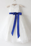 Light Ivory Lace Tulle Flower Girl Dresses With Royal Blue Sash/Bows Sleeveless Floor-length OK215