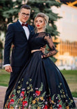 Two Piece Lace Top Floral Black Long Sleeves Satin Prom Dresses with Appliques OKA4