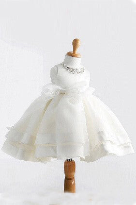 White Ball Gown Jewel Sleeveless Bowknot Long Satin Flower Girl Dress OK700