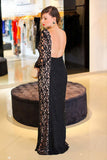 Black Lace Bateau Sheath Long Backless Plus Size Prom Dresses OK661