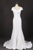 Mermaid V Neck Off White Simple Wedding Dresses, Long Bridal Dresses OKQ18