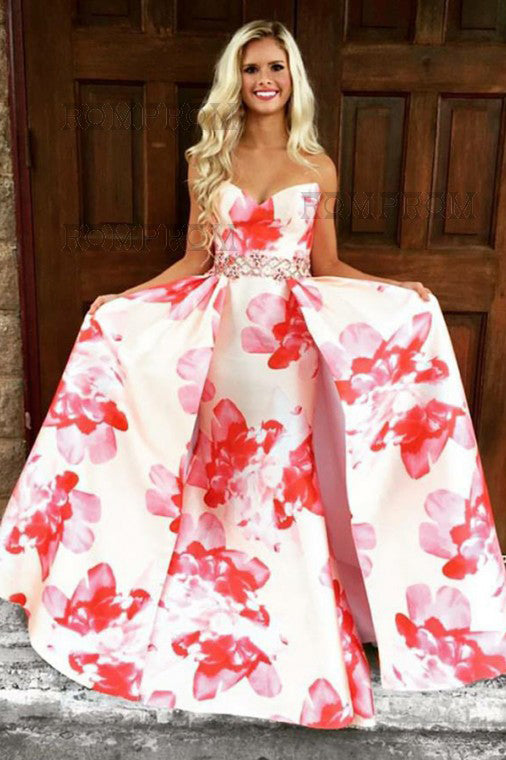 A-Line Sweetheart Floral Printed Pink Satin Prom Dresses with Beading OK818