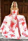 A-Line Sweetheart Floral Printed Pink Satin Prom Dresses with Beading OK818