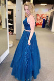 Royal Blue Sparkle Tulle Straps Appliques Two Pieces Prom/Formal Dress OKU13