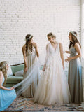 Simple Lace Applique A Line V Neck Tulle Beach Wedding Dresses OKF86