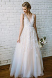 Simple Lace Applique A Line V Neck Tulle Beach Wedding Dresses OKF86