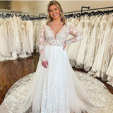 Princess Lace Long-sleeves Appliques A Line Wedding Dress with Cathedral Train OK1585