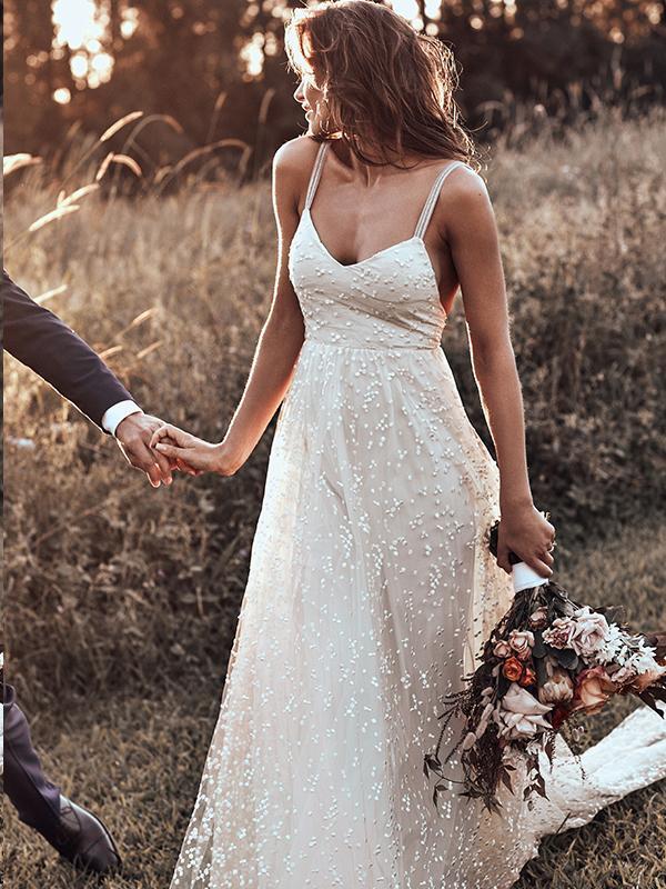 Backless Straps Long A-line Lace Simple Bridal Gown Wedding Dress OKM79