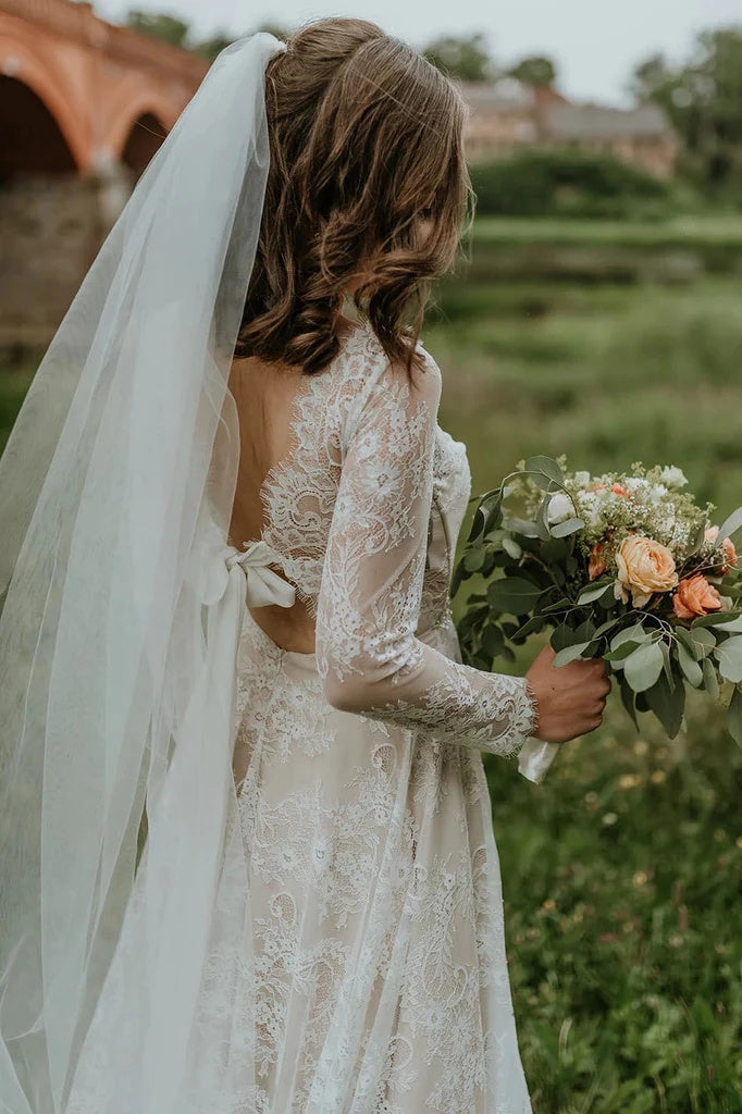 A-line Long Sleeves Lace Beach Wedding Dress V Neck Boho Wedding Dress OK1647