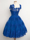 Vintage Scalloped-Edge Cap Sleeves Lace Blue Short Prom Cocktail Party Dress OK327