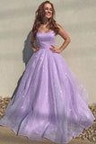 Lilac Spaghetti Strap Sparkly Prom Dress Shiny A-line Long Evening Dress OKY99
