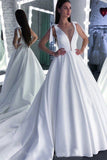 A Line Round Neck White Prom Wedding Dresses With Bowknot OKQ57