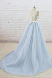 Light Blue Tulle Sheer Back A-line Round Neck Formal Prom Dress OKU11