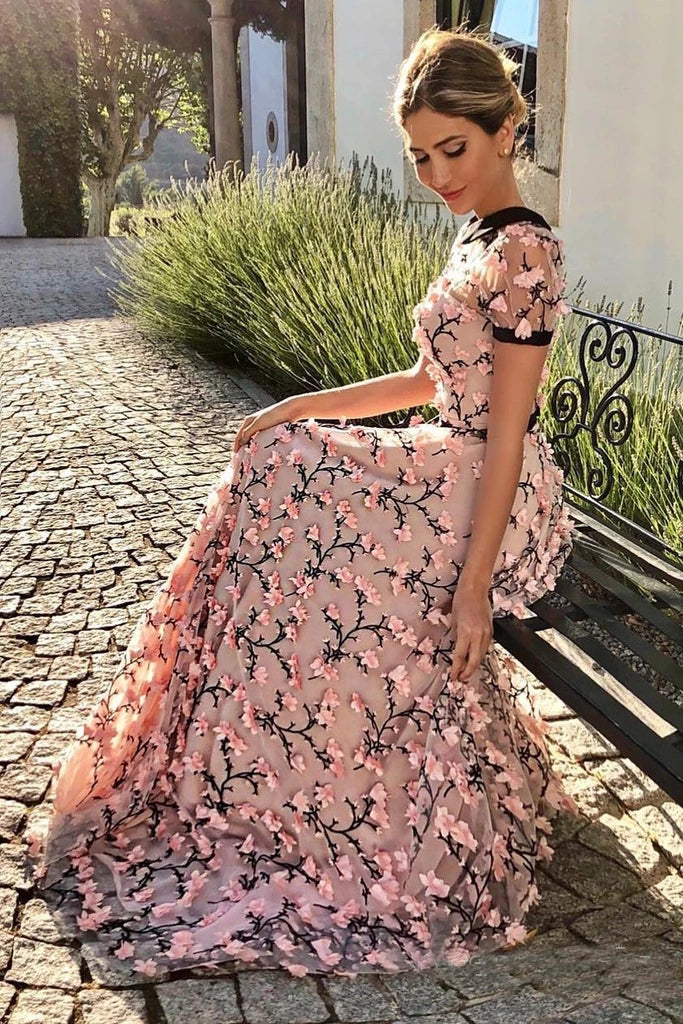 Floral Long Short Sleeves Cheap Prom Dress with Appliques OKN12